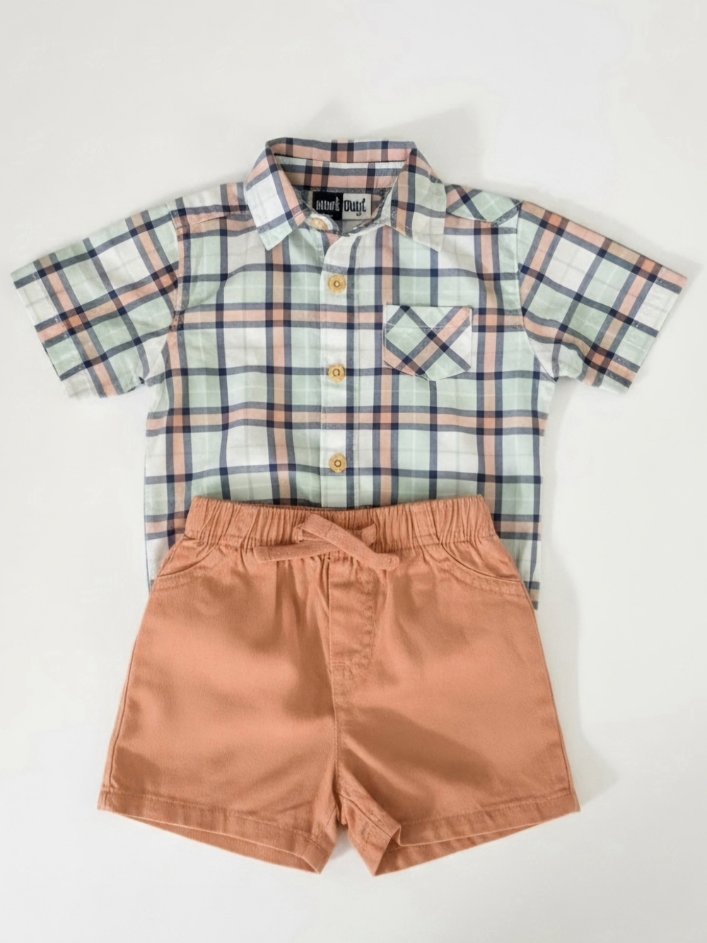 Mick Mack Short-Sleeve Plaid Shirt Bodysuit & Pink Shorts Set - 6-9 Months